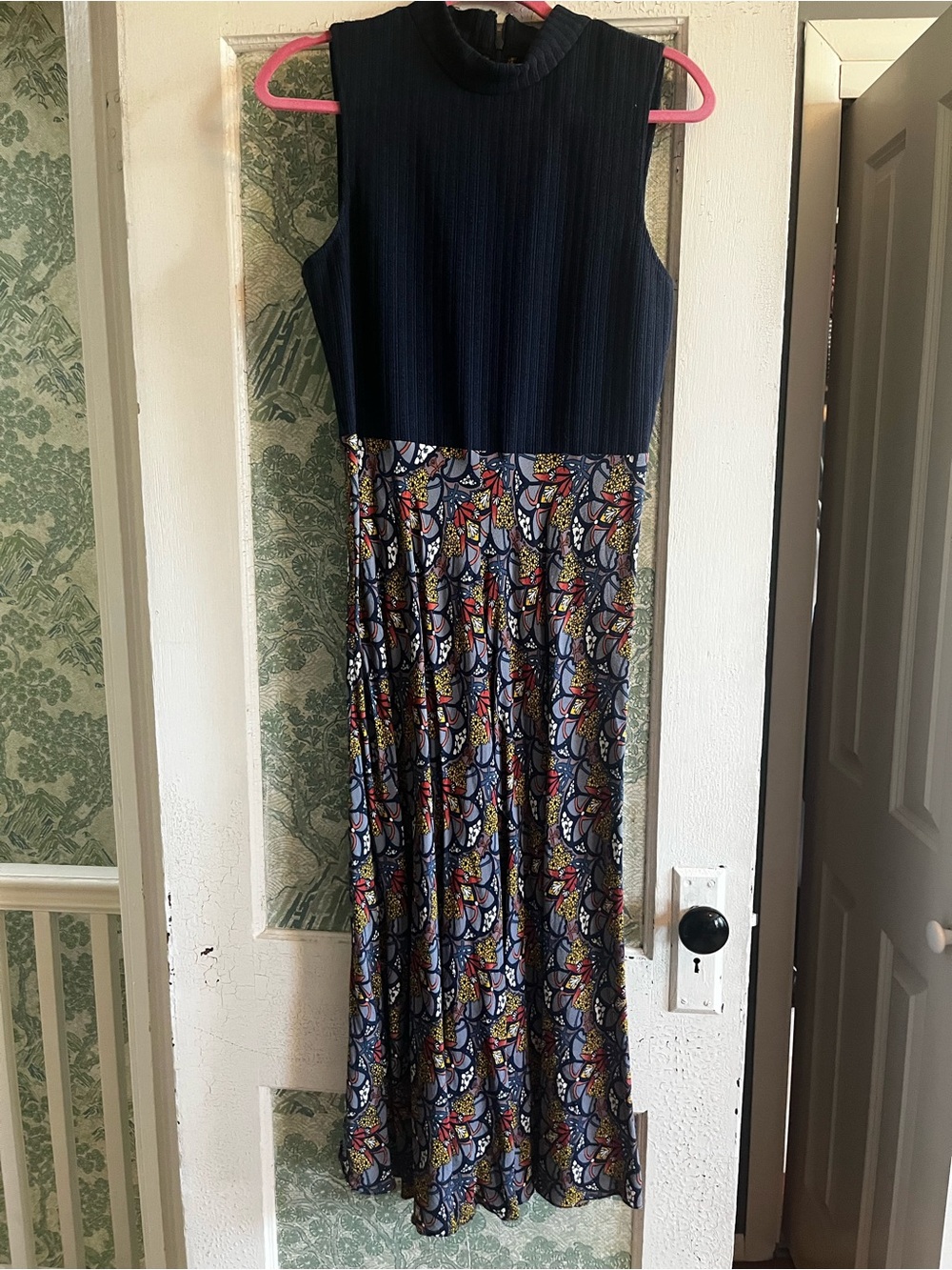 Anthropologie Navy Ribbed Bodice Maxi Dress w/ Multicolor Paisley Skirt, Med